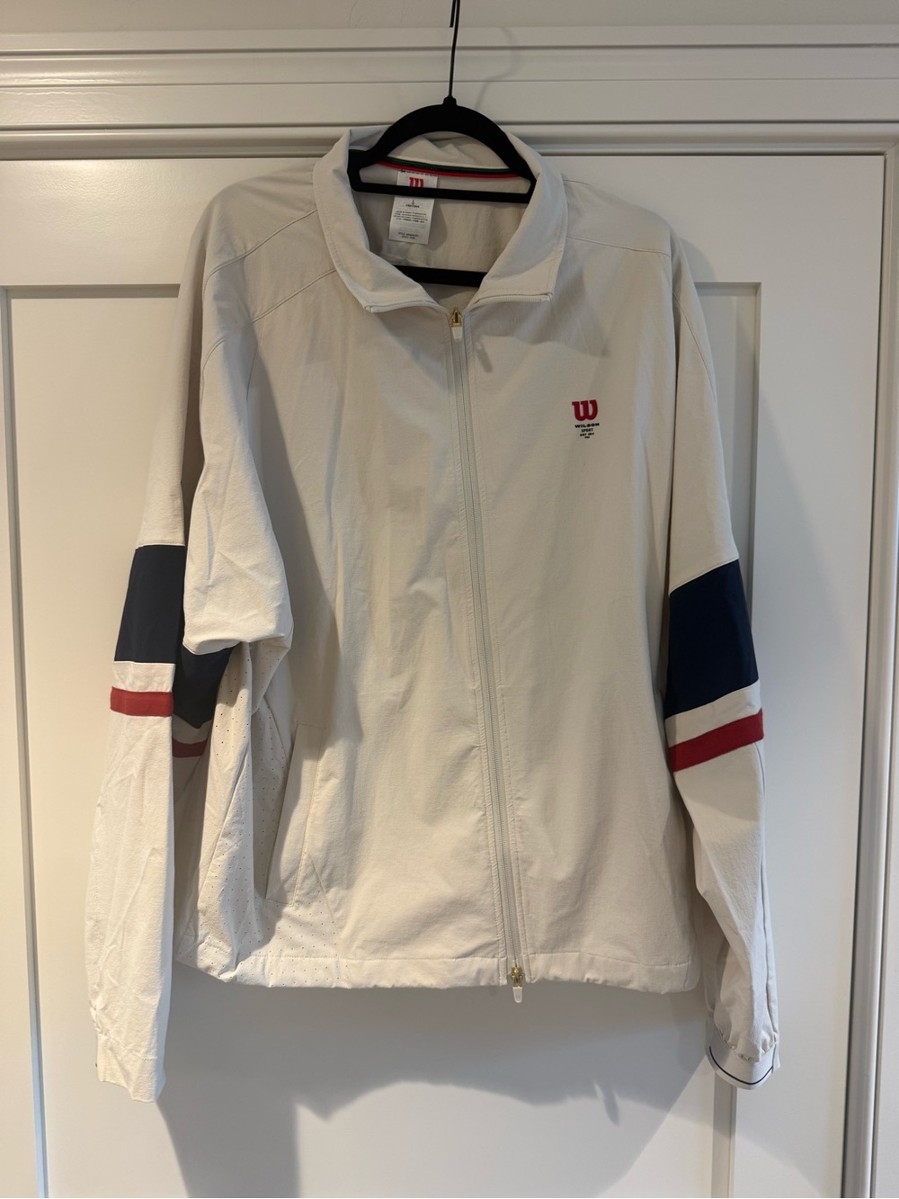 Wilson White Full-Zip Tennis Jacket with Navy & Red Sleeve Stripes